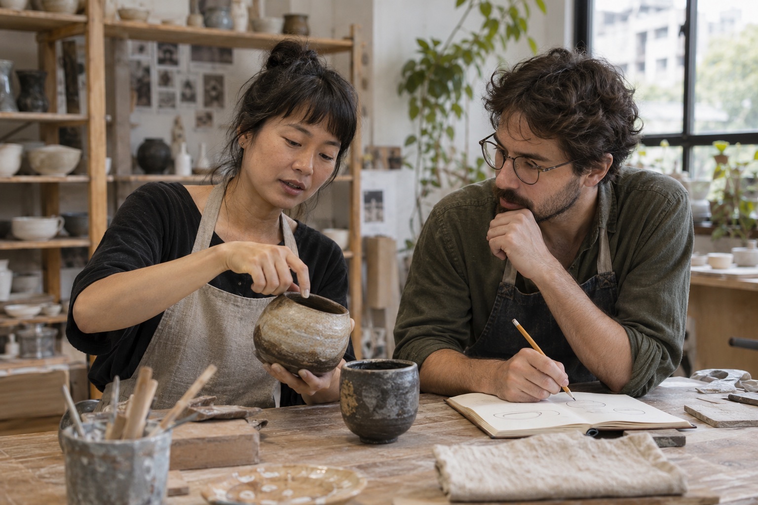 An educator discussing pottery with an adult learner