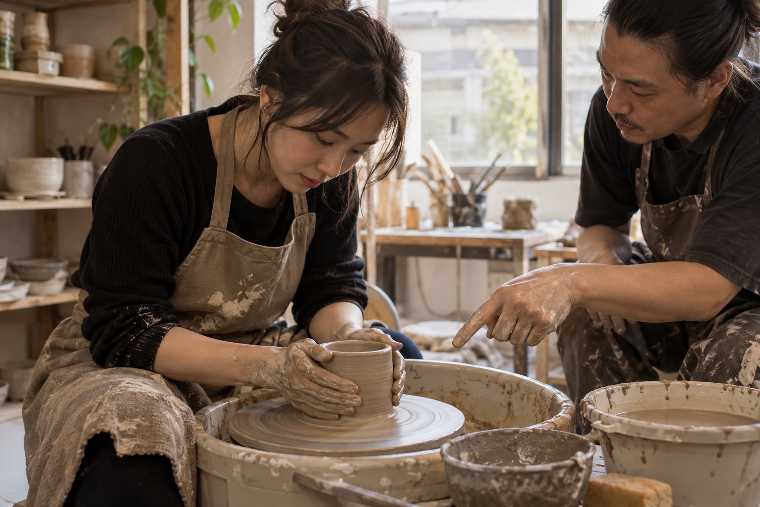 Close side view of an adult learner's hands centering and shaping a simple cylinder on a pottery wheel in a compact working Taipei studio. Instructor points to the shape from outside the rotating wheel. Correct plausible wet clay technique, aprons, clay splashes and tools, warm daylight.