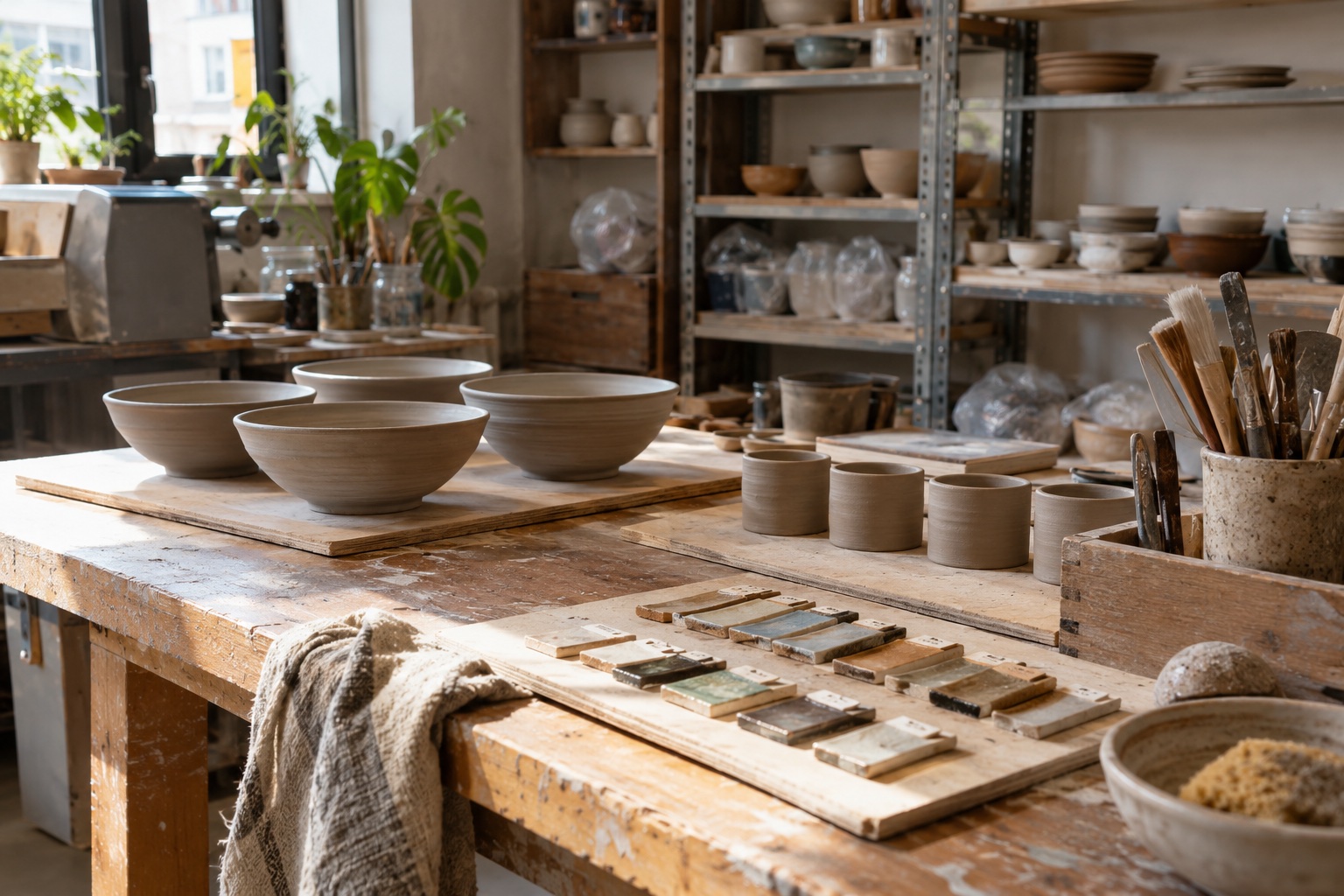 A realistic pottery studio workbench showing a coherent ceramic workflow: greenware bowls drying on boards, trimmed clay cups, labelled-without-readable-text glaze test tiles, small tools neatly organised and shelves beyond. No decorative fantasy machinery, no fire, authentic practical working space. No people needed.