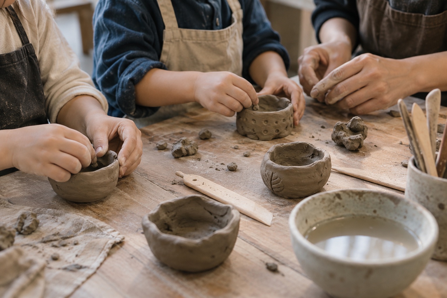 Children making clay pieces with guidance
