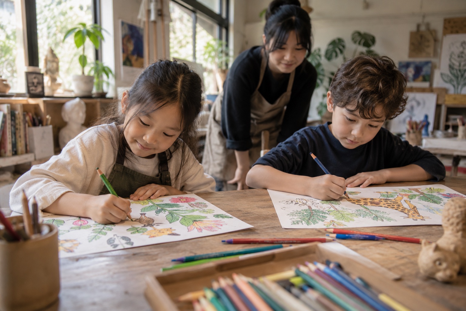 Two elementary-school children, one East Asian and one of another background, drawing their own imaginative plant and animal compositions in a Taipei art studio. Individual colourful drawings and pencils on the wooden table, teacher nearby in soft focus. Focused joyful learning, natural children, respectful candid medium-wide view.