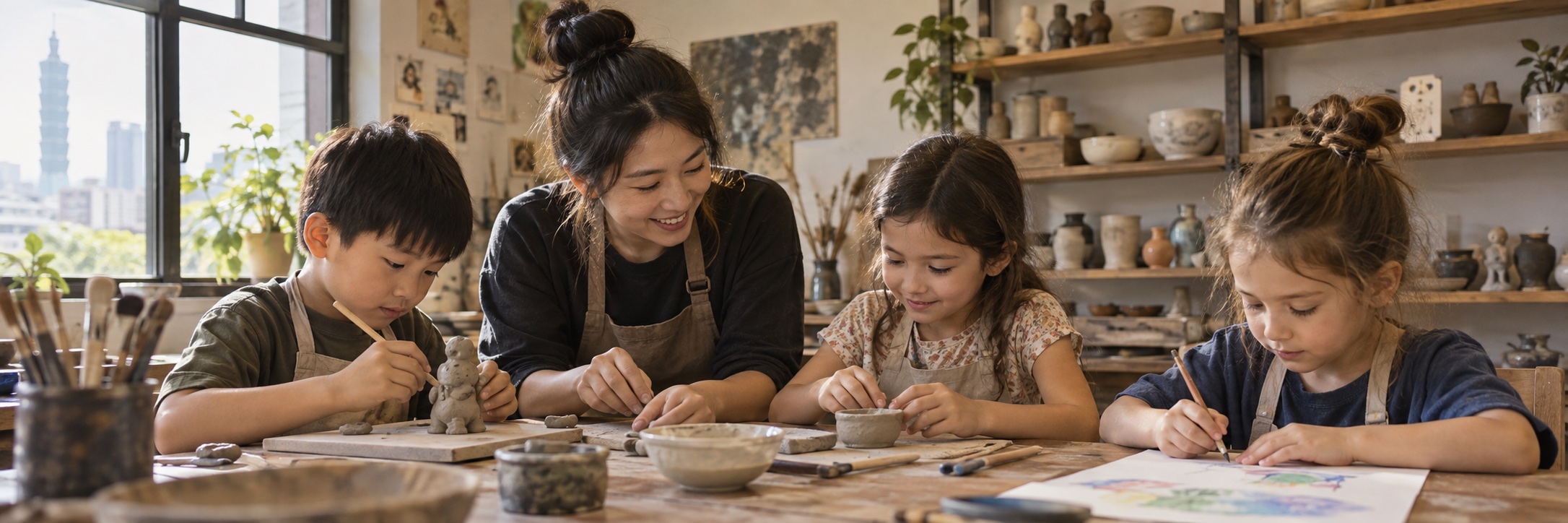 Warm candid scene in a modest welcoming Taipei art studio: three elementary-school children of varied backgrounds absorbed in making small clay forms and drawing, an adult Taiwanese art educator gently guiding them. Meaningful creative learning, natural expressions, realistic safe tools, wood worktable, simple ceramic shelves.