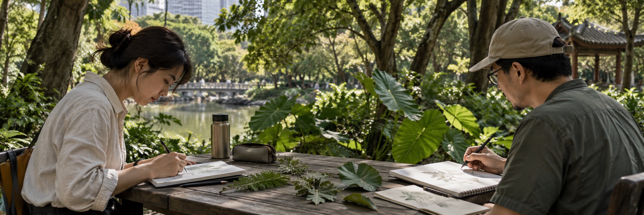 A quiet guided nature sketching experience in a leafy Taipei urban park: two adults at a shaded table observing nearby plants and drawing leaves in sketchbooks. Taiwanese subtropical foliage, soft dappled light, relaxed focused making, natural textures; no picking plants, no fantasy wilderness.