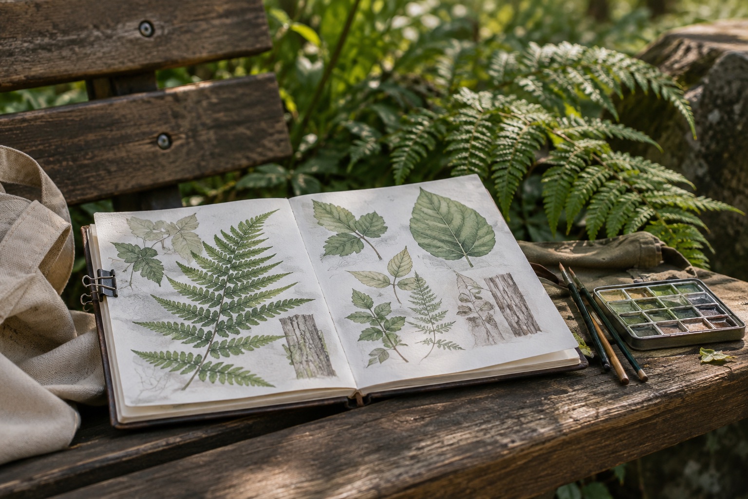 An open nature journal on a shaded wooden park bench, several hand-drawn studies of Taiwanese subtropical leaves, fern shapes and bark texture, simple pencil and restrained watercolour marks, no written labels. Nearby living ferns and soft greenery. Quiet botanical observation, realistic handmade sketchbook and art supplies.