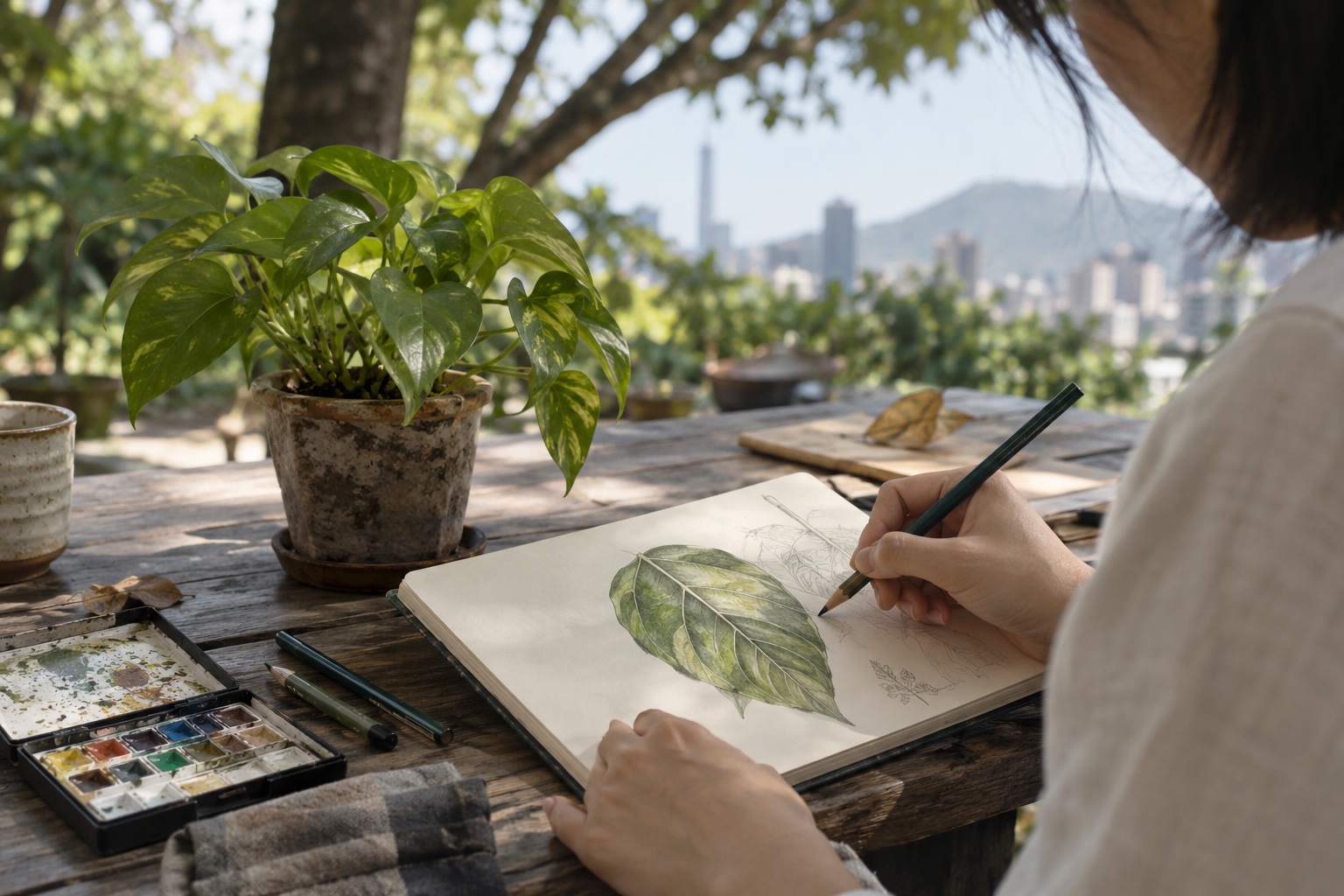 A close natural-light study of an adult's hands drawing a detailed but achievable green leaf in a sketchbook at a park table. Living plant in a pot beside the page, a few pencils and a small watercolour kit. Leaf outline and veins anatomically credible, no picking wild foliage, tactile paper.