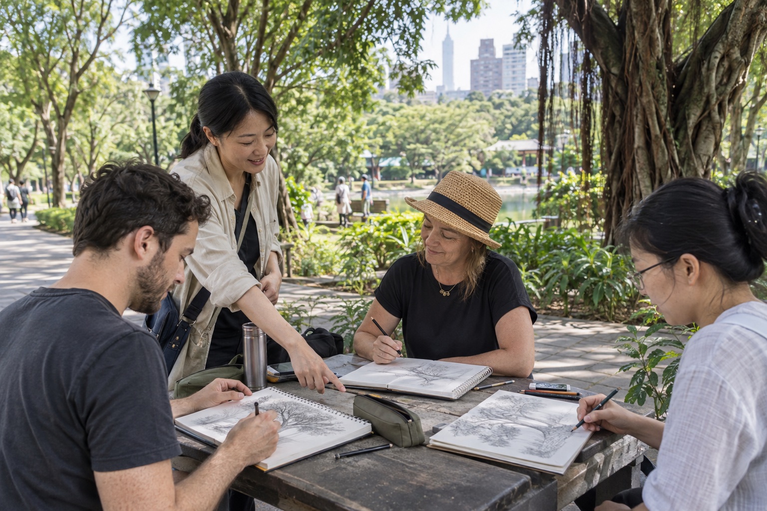 A guided sketching class in a leafy park