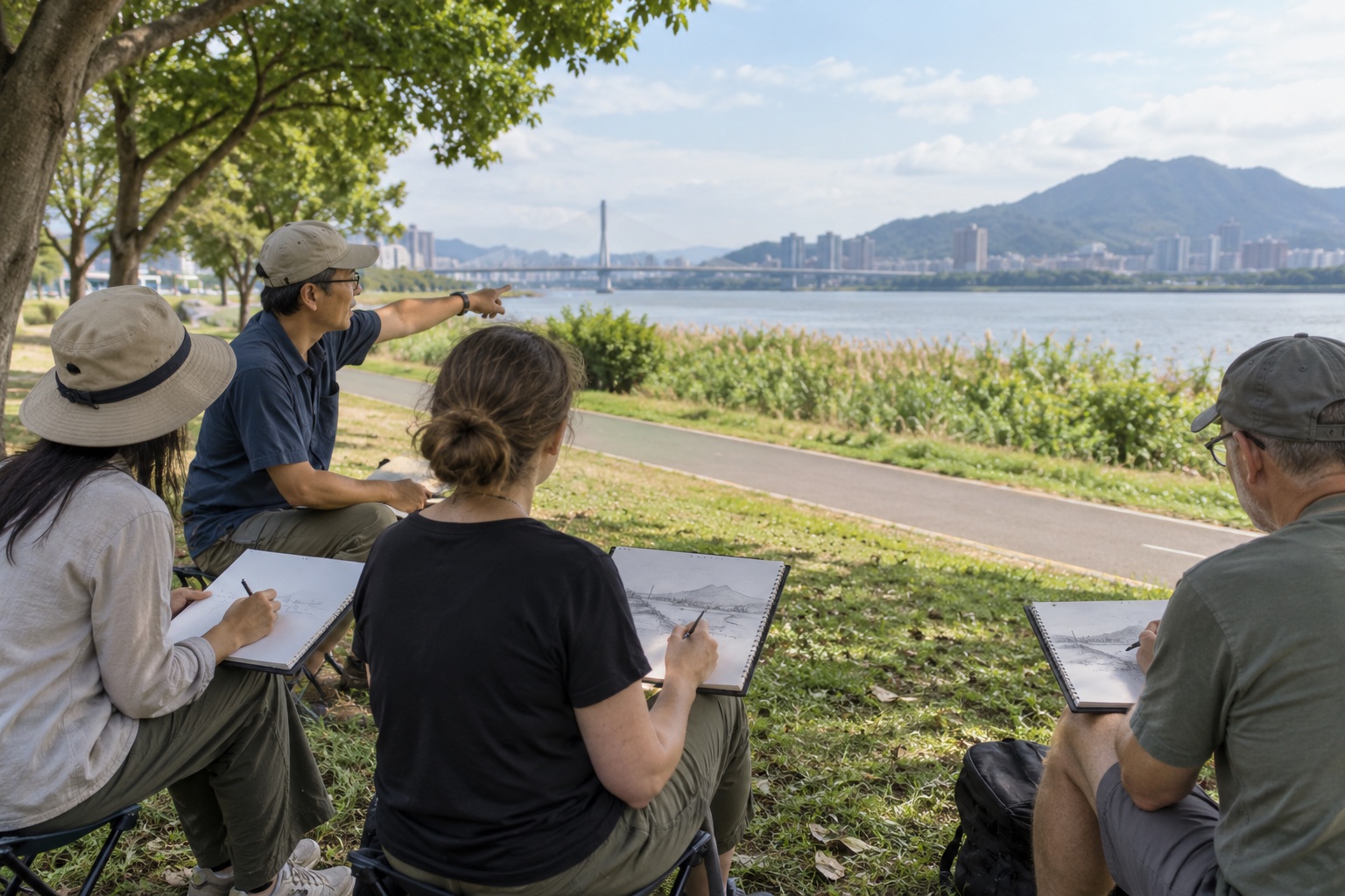 A group sketching the river landscape in a Taipei riverside park