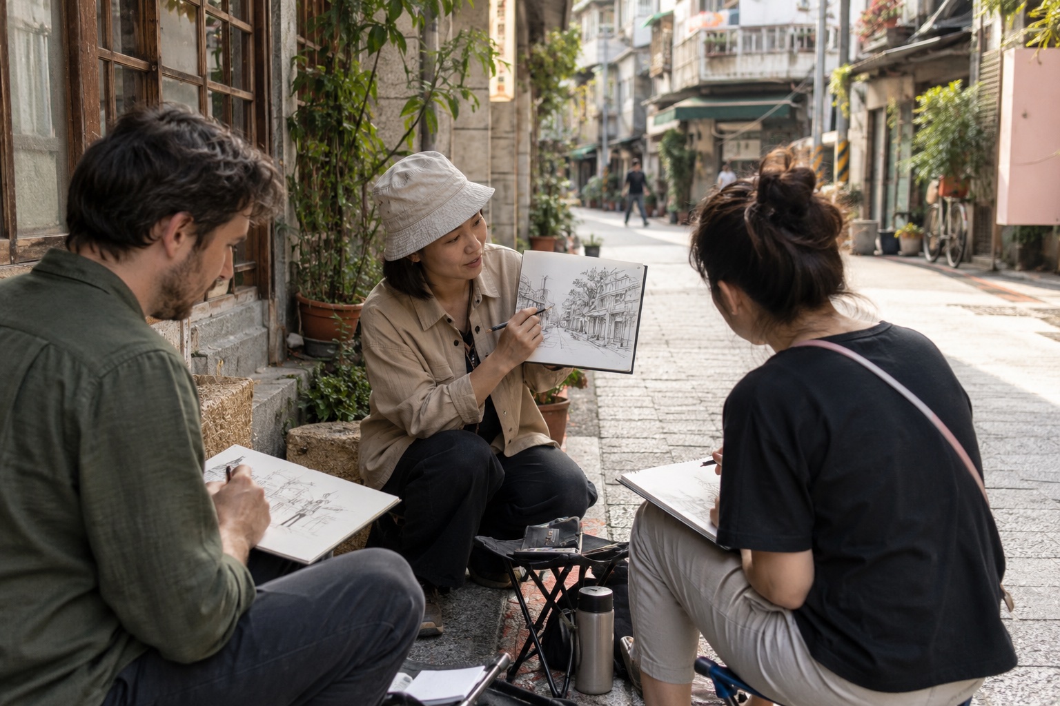 A small group sketching a Taipei street