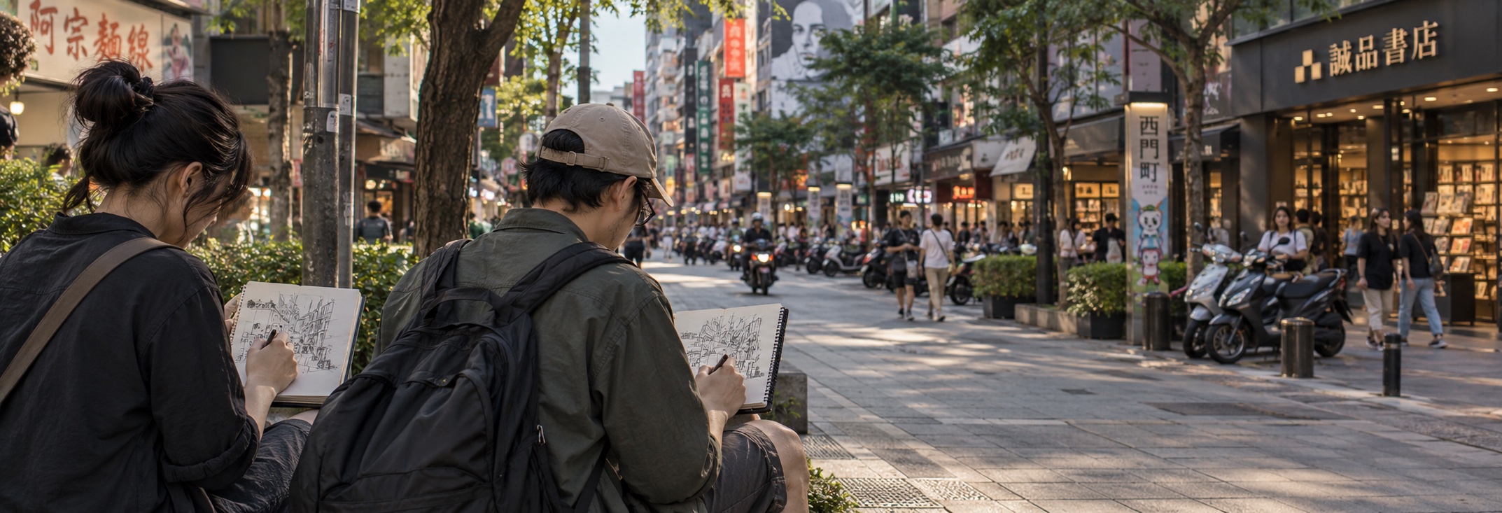 Two adult sketchers seated unobtrusively at the edge of a lively Taipei Ximen neighbourhood street, drawing shopfronts and urban architecture in small sketchbooks. Taiwanese streetscape, subtle Traditional Chinese signage in the distance, scooters parked properly, trees, everyday city life. Sketchbooks and hands clearly credible; no famous monument required.