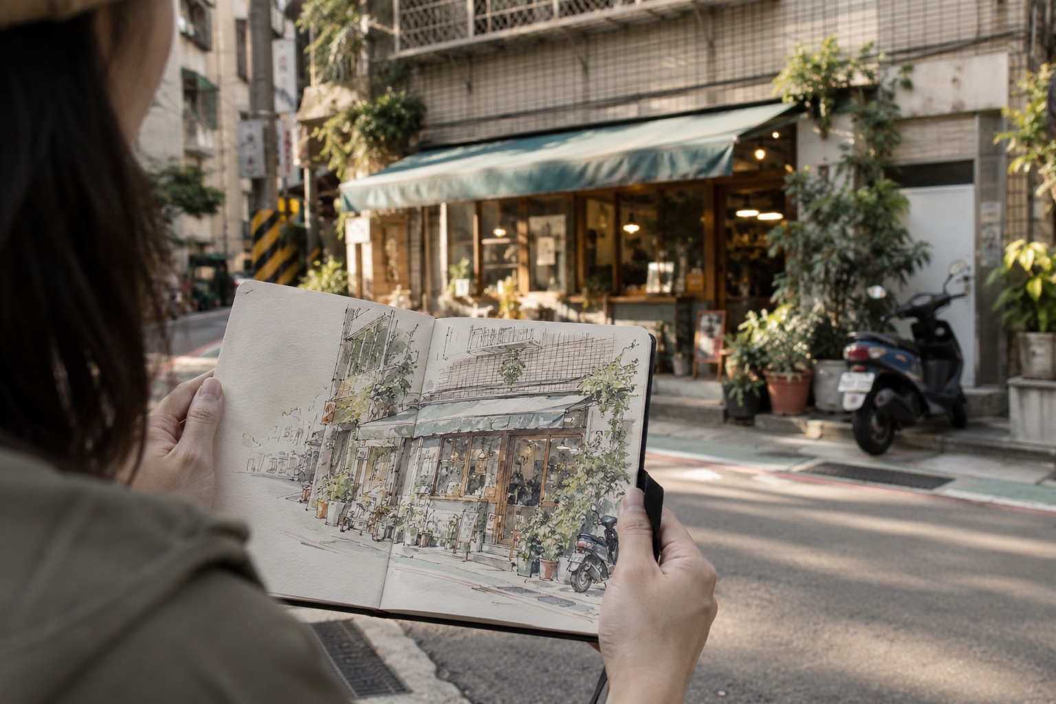 Close over-the-shoulder view of hands holding an open travel sketchbook containing a believable loose pen-and-watercolour study of a Taipei neighbourhood shopfront. The same real-world architecture softly visible beyond, modest tiled facade, awning and scooter. Simple unlabelled sketch, believable perspective, authentic urban observational drawing.